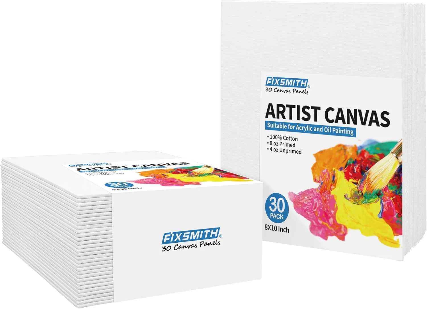 FIXSMITH Canvas for Painting, 8x10 Inch Canvas Boards, Super Value 30 Pack White Blank Canvas Panels, 100% Cotton Primed, Painting Art Supplies for Professionals, Hobby Painters, Students & Kids
