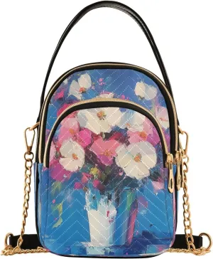 Floral Vase Painting Blue Multi Pockets Crossbody Bags for Women Zip Cell Phone Purse Wallet Bag with Detachable Shoulder Strap Shoulder Purse for Girls Women Trendy Gift Shopping Working Traveling