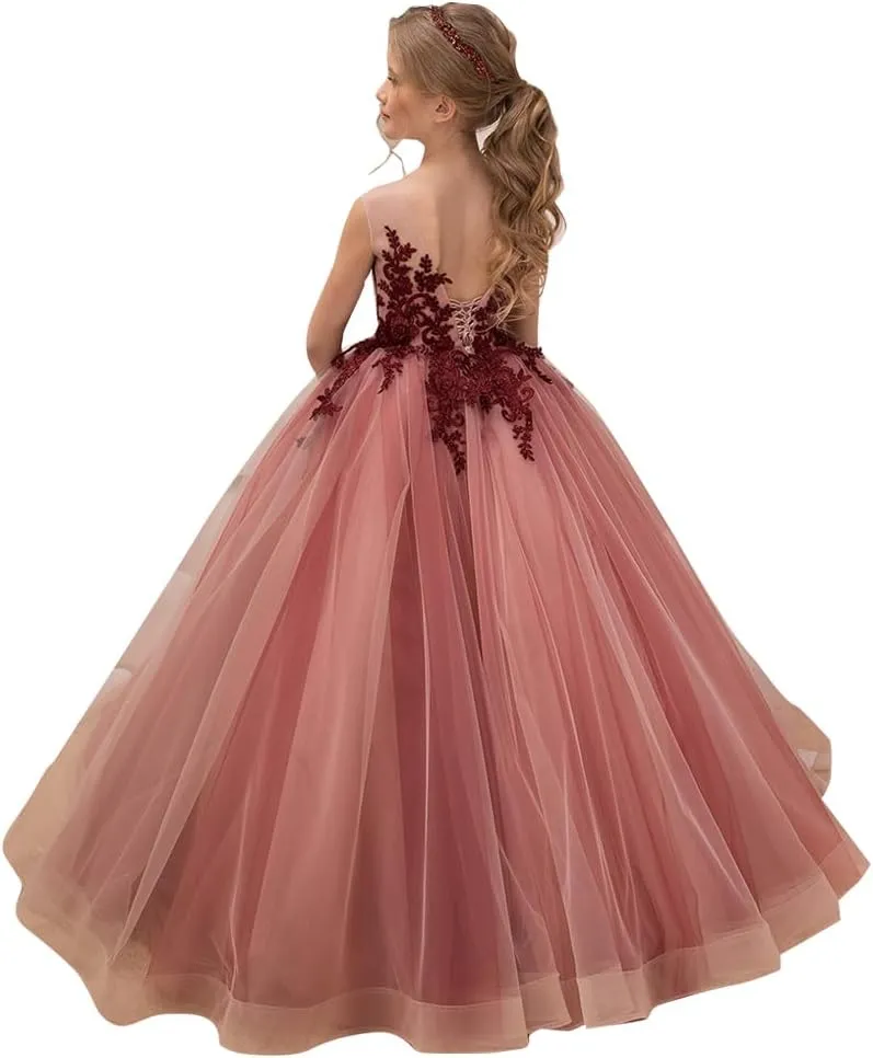 Flower Girl Dress Kids Lace Applique Pageant Ball Gown Prom Dresses