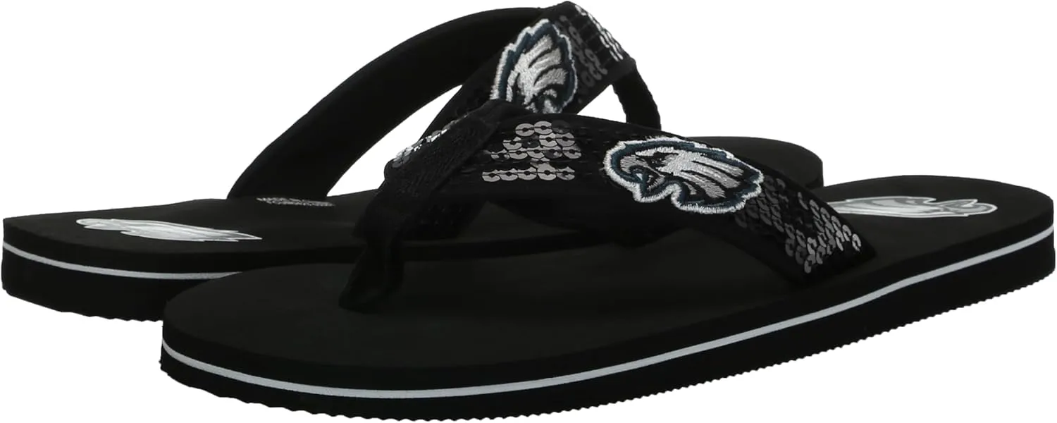 FOCO Womens NFL Team Logo Sequin Strap Sandals Flip Flops