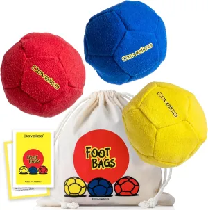 Footbag Hacky Set for Kids, Teens & Adults. 3 x 2.28& 1.6oz Sacks, Vibrant Yellow, Blue & Red, Each Sack has a Durable Dual Layer, Synthetic Suede, Guide & Stylish Bag. Group Foot Bag Game.