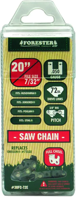 FORESTER FULL-CHISEL CHAINSAW CHAIN LOOP – Non-safety chain 3/8" | .050 Gauge | 72 Drives for 20" BAR | Serious Cutting Blade | Fits Stihl, Oregon, and Husqvarna Chainsaws (72 Drives for 20" Bar)