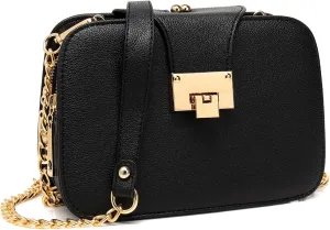 forestfish Ladies Black PU Leather Shoulder Bag Evening Clutch Purse Crossbody Bag with Metal Chain Strap