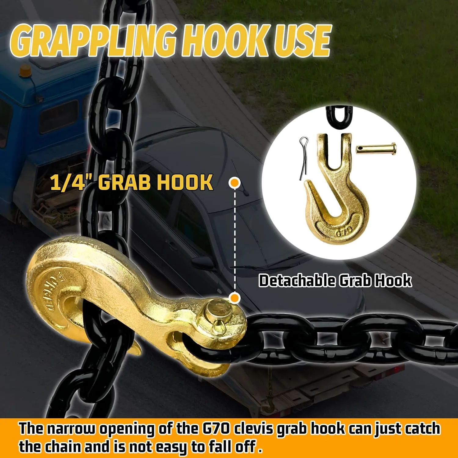 G80 Tow Chain,14FT 1/4" Trailer Safety Chains with Clevis Grab Hooks,3300 Lbs Working Load Heavy Duty Chain for Towing,Logging Tie Down Binding