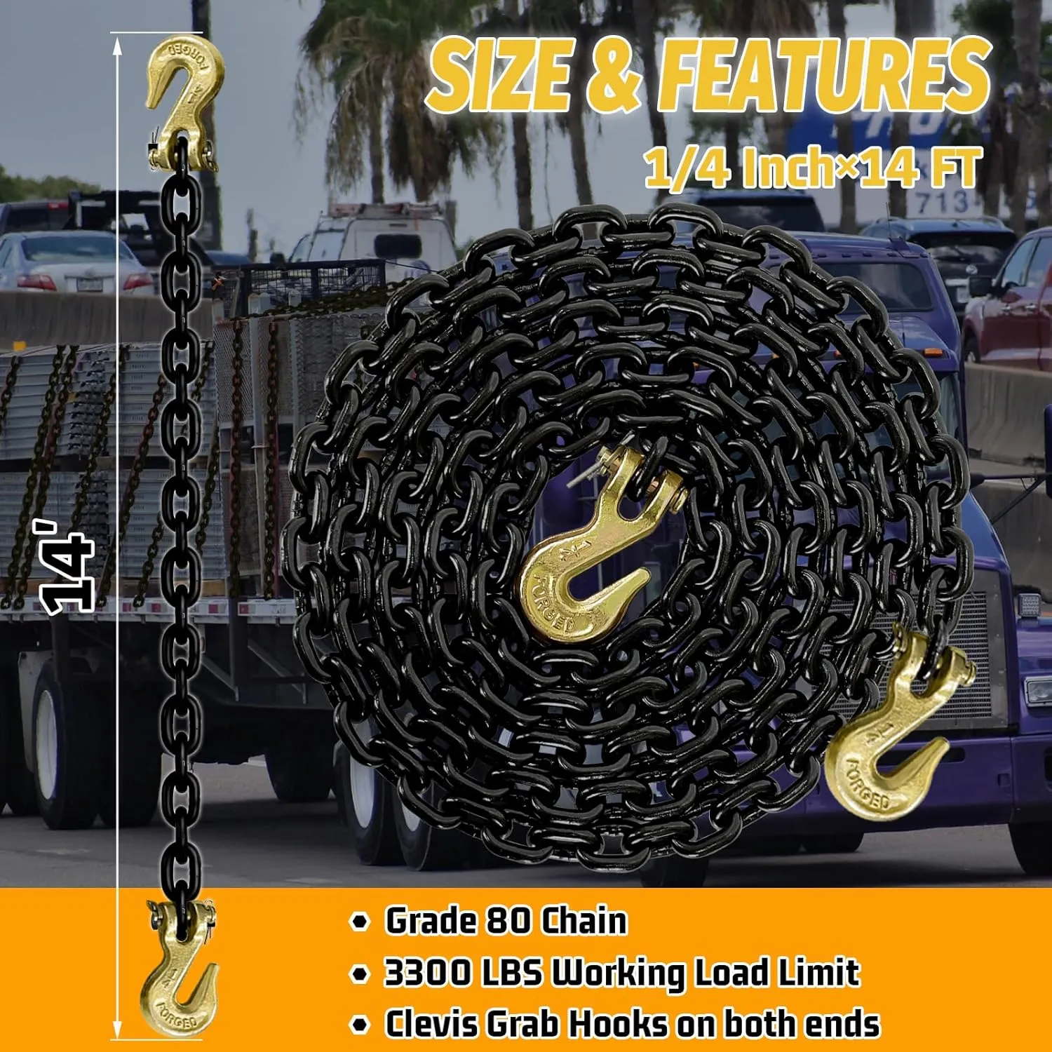 G80 Tow Chain,14FT 1/4" Trailer Safety Chains with Clevis Grab Hooks,3300 Lbs Working Load Heavy Duty Chain for Towing,Logging Tie Down Binding