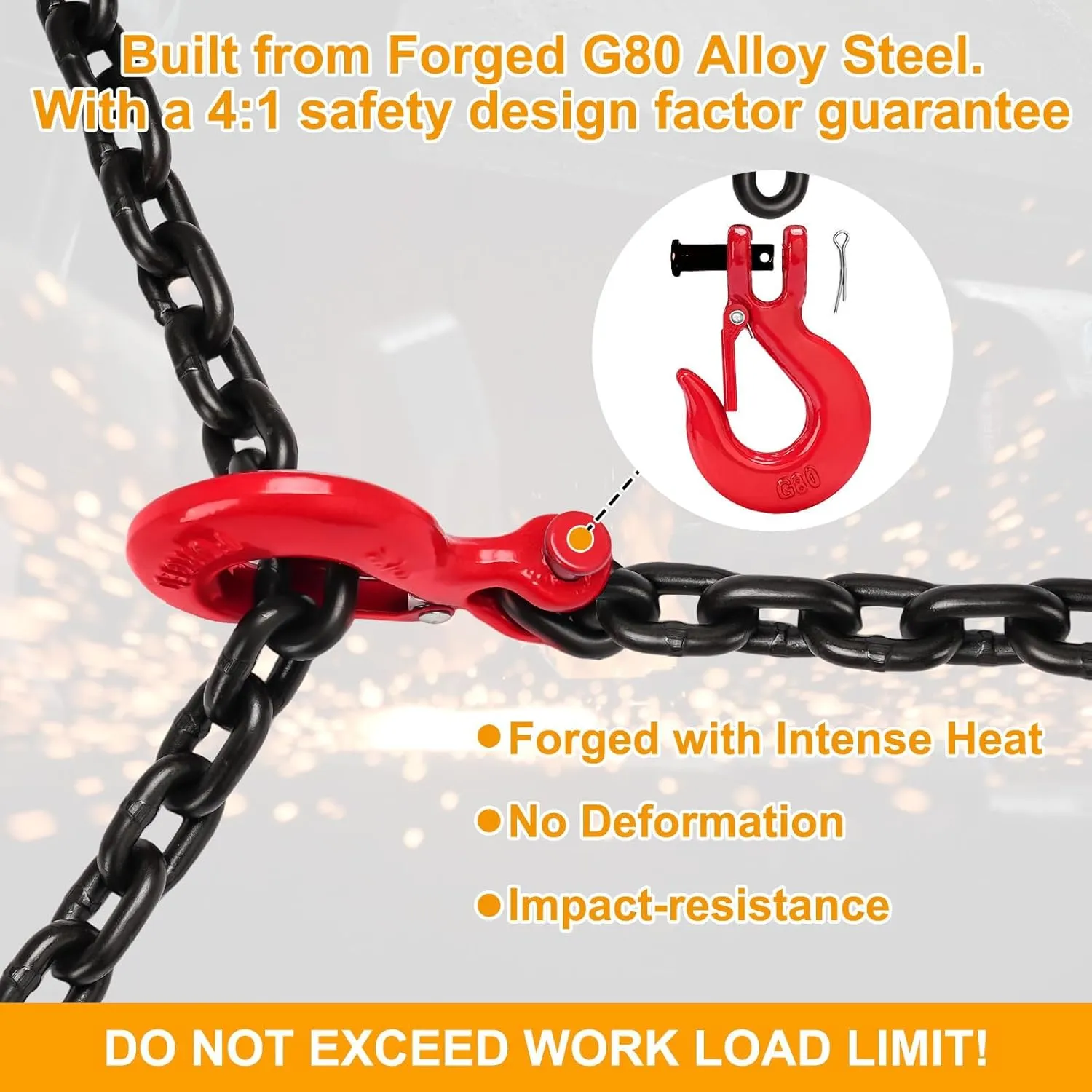 G80 Trailer Safety Chain 39inch, 2 Pack Grade 80 Tow Hooks with 3/8" Clevis Safety Hook, 3/8" Heavy Duty Chain with G80 Clevis Snap Hooks, 7,100 lbs Working Safe Load for Transport Towing