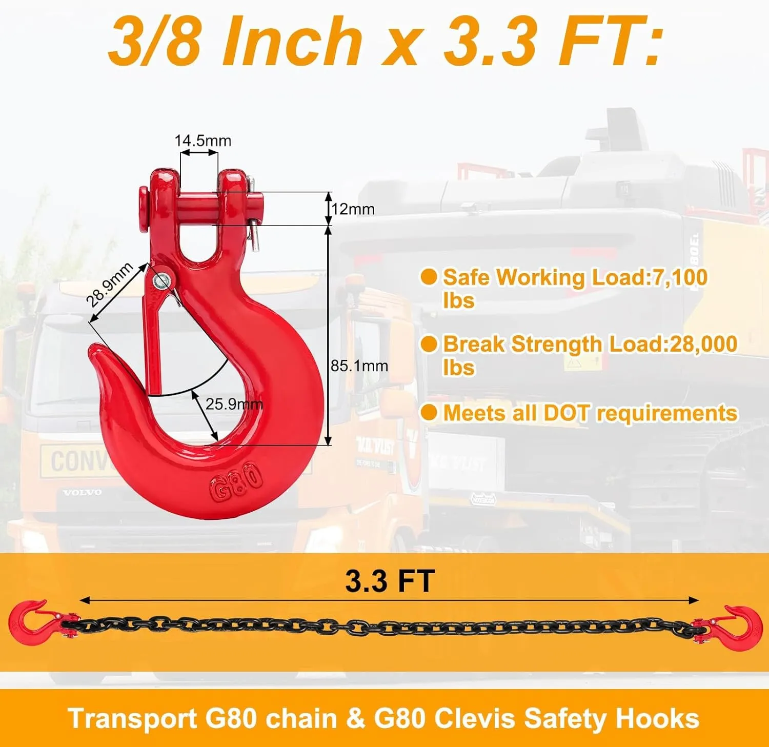 G80 Trailer Safety Chain 39inch, 2 Pack Grade 80 Tow Hooks with 3/8" Clevis Safety Hook, 3/8" Heavy Duty Chain with G80 Clevis Snap Hooks, 7,100 lbs Working Safe Load for Transport Towing
