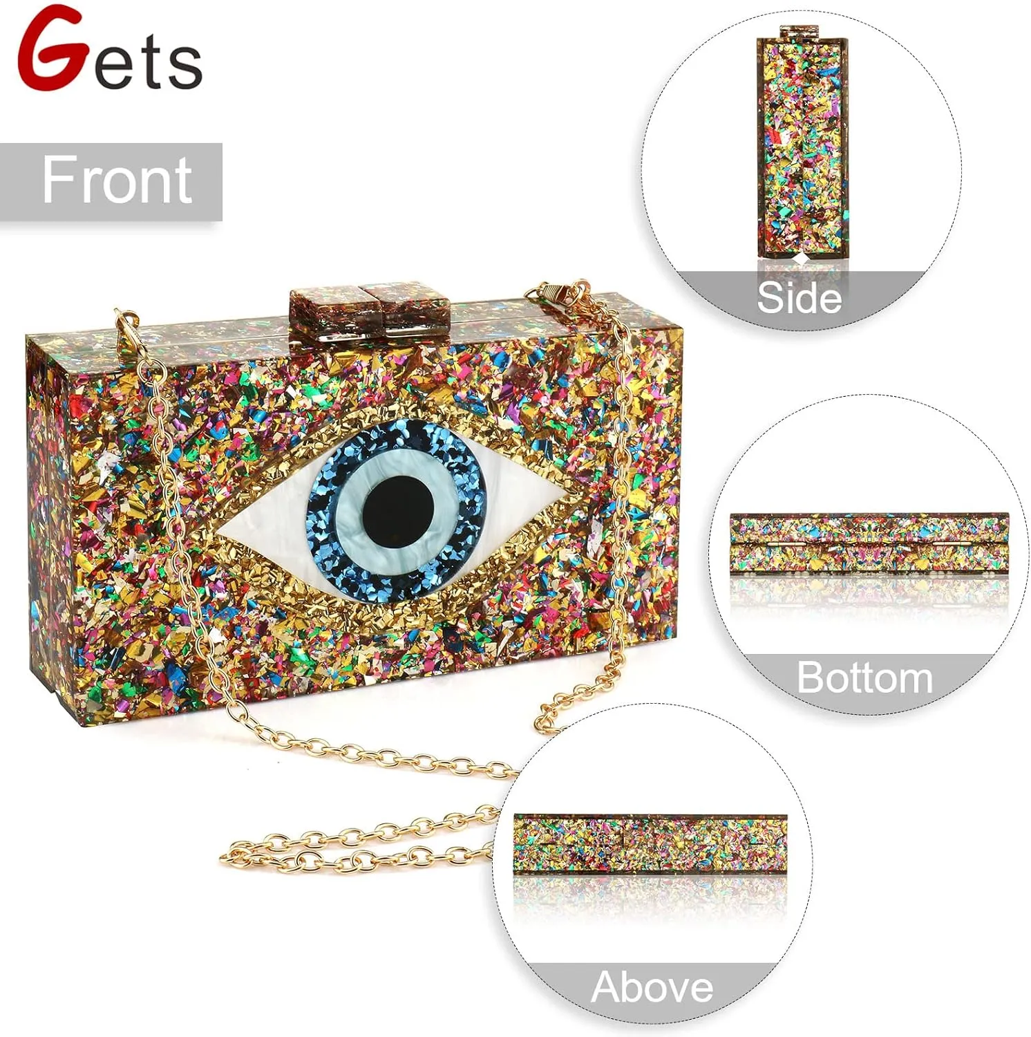 Gets Acrylic Clutch Purses for Women Evening Bag Eyes Multicolor Perspex Box Clutch Glitter Purse Handbags Crossbody Bag