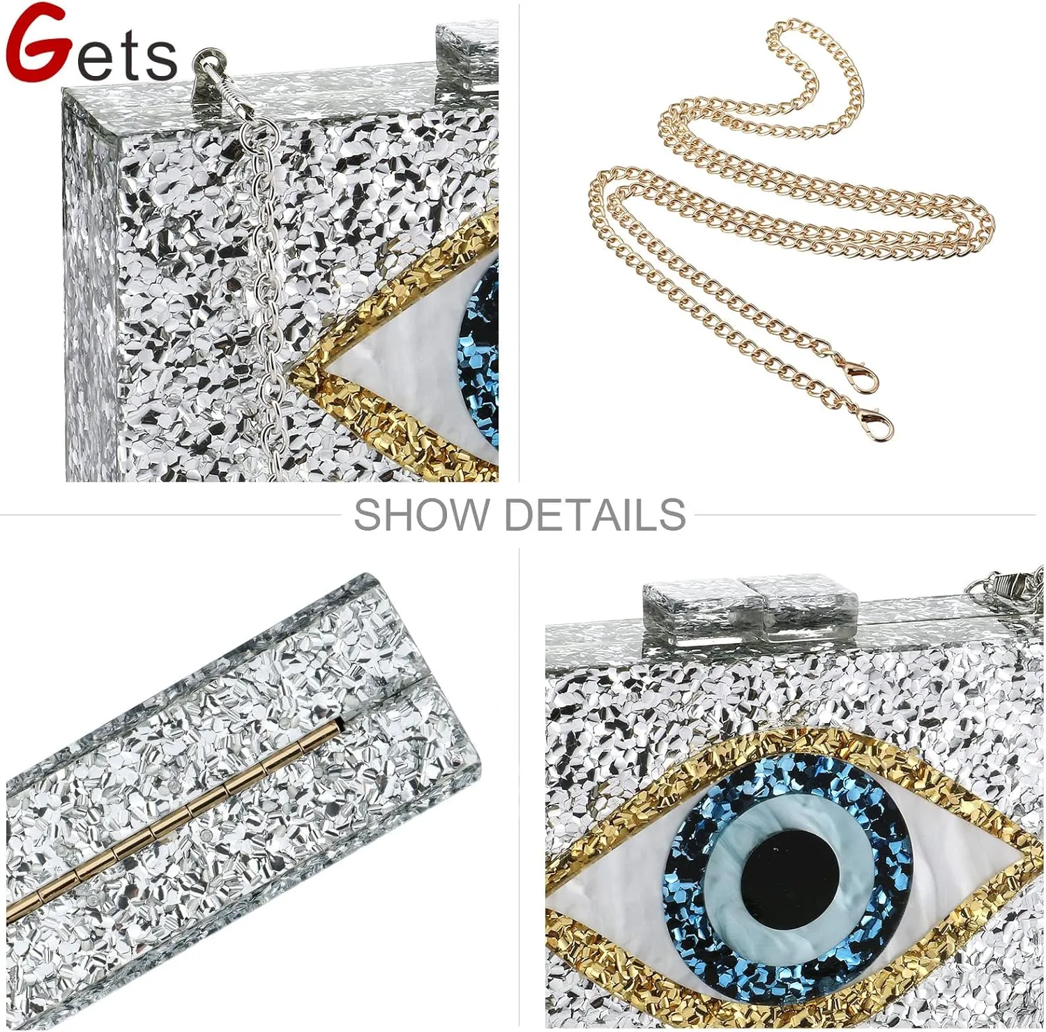 Gets Acrylic Clutch Purses for Women Evening Bag Eyes Multicolor Perspex Box Clutch Glitter Purse Handbags Crossbody Bag