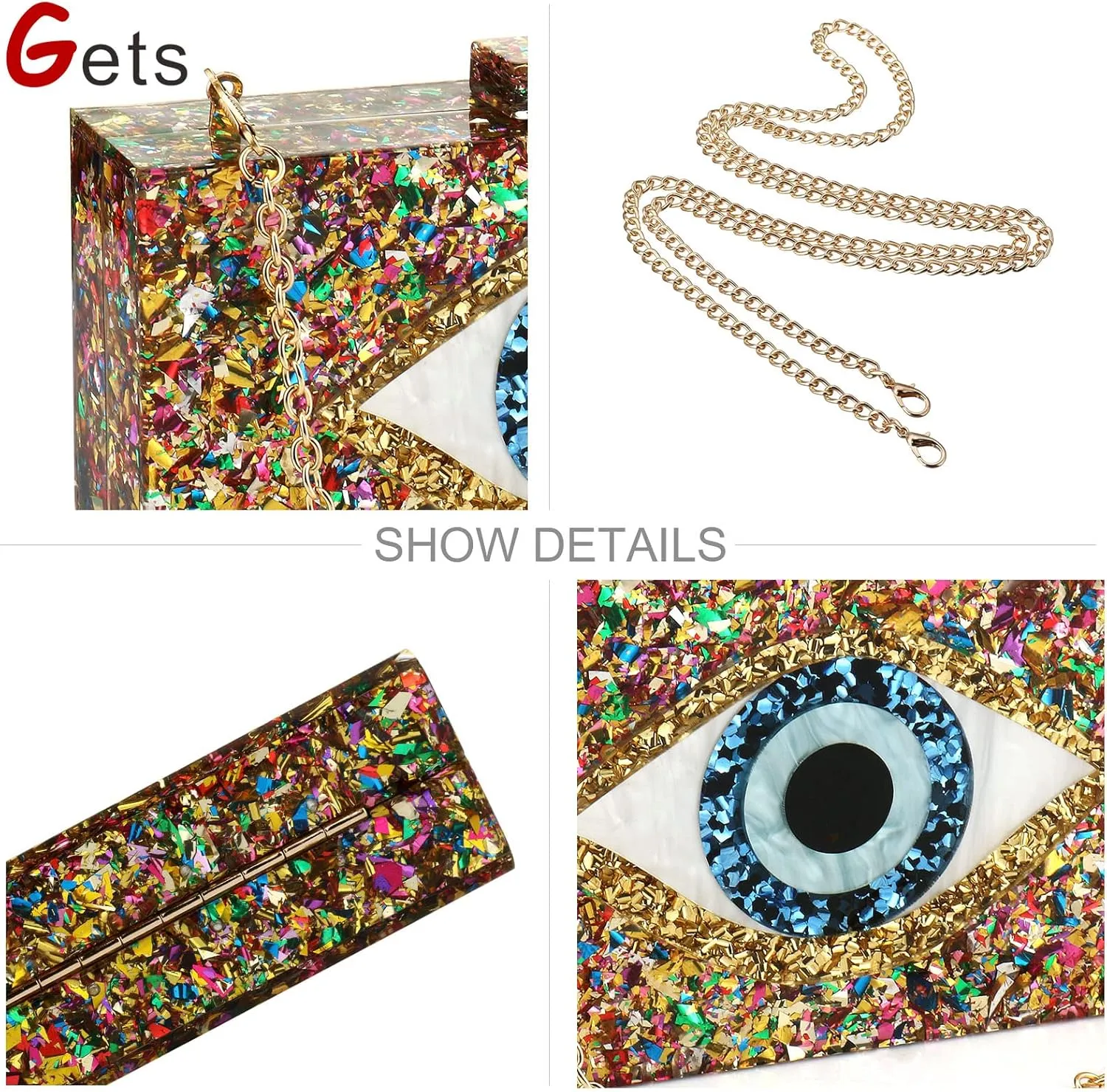 Gets Acrylic Clutch Purses for Women Evening Bag Eyes Multicolor Perspex Box Clutch Glitter Purse Handbags Crossbody Bag