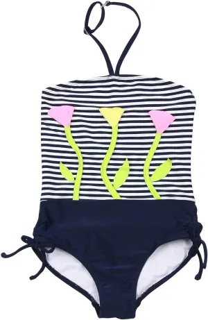 Girls' Bathing Beauty Swimsuit with Flower Applique, Sizes 4-12 - 4 Navy/White