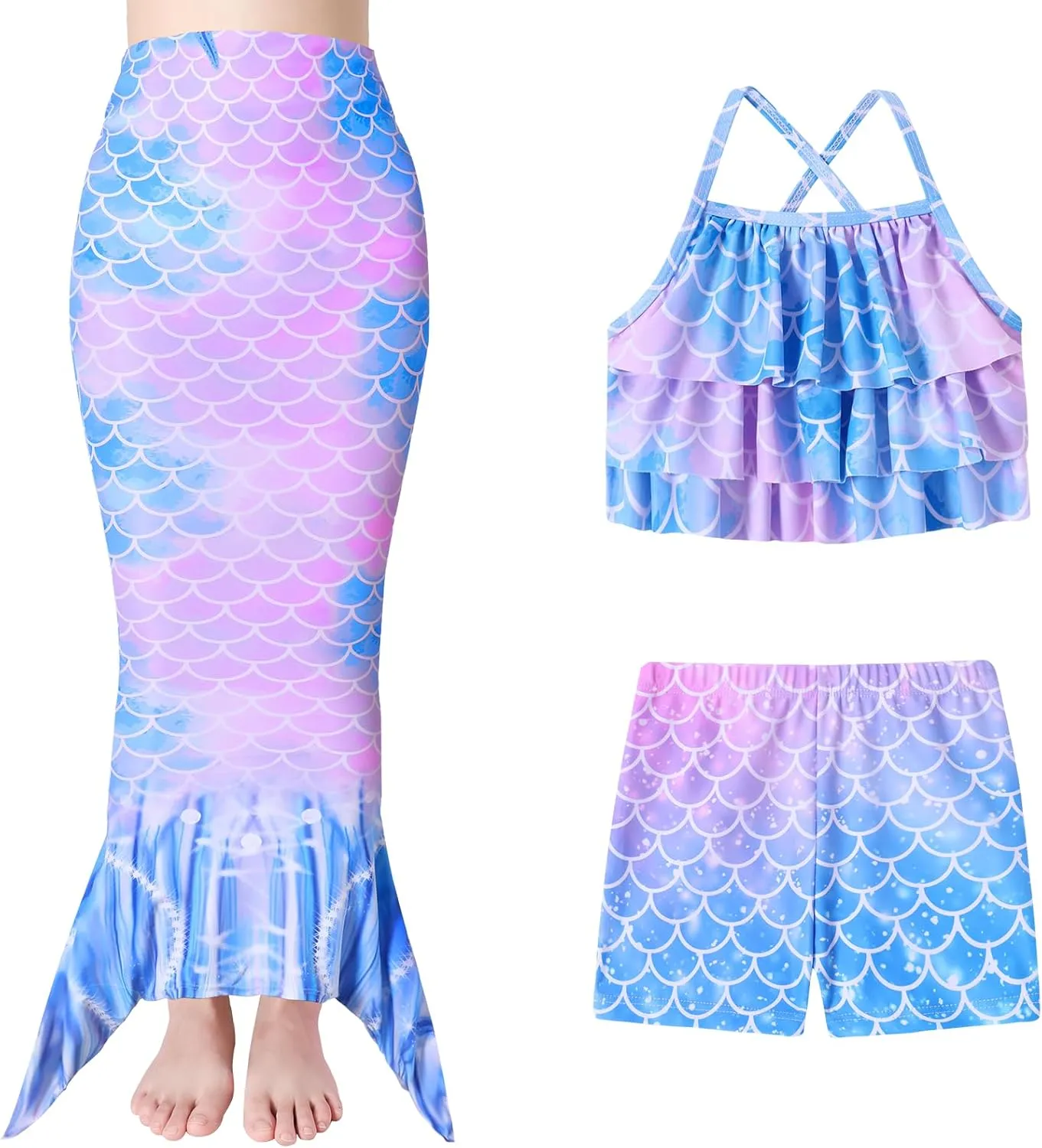 Girls Mermaid Bathing Suit 3PCS Cute Ruffle Tankini Swimsuits with Boyshort Fish Tail Kids Beach Swimwear 3-11Y