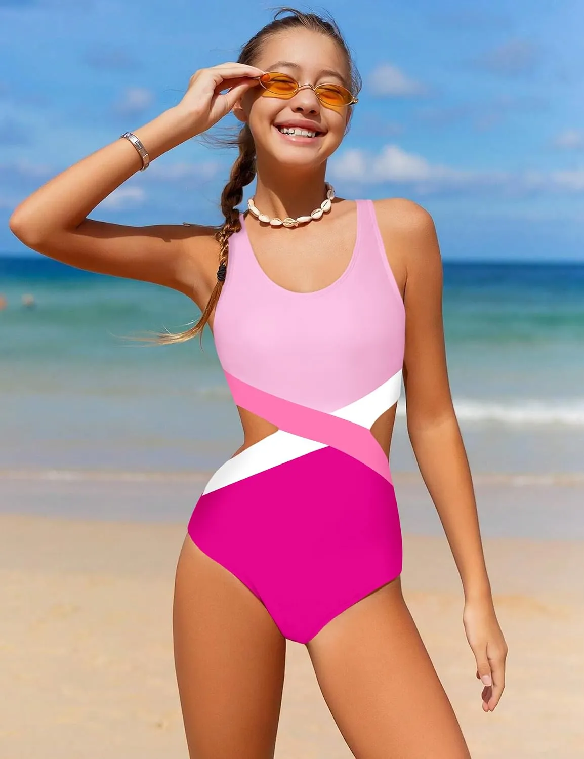 Girls Swimsuit One Piece Cutout Bathing Suit for Girls Cute Swimwear Color Block Beach Padded 7-16y
