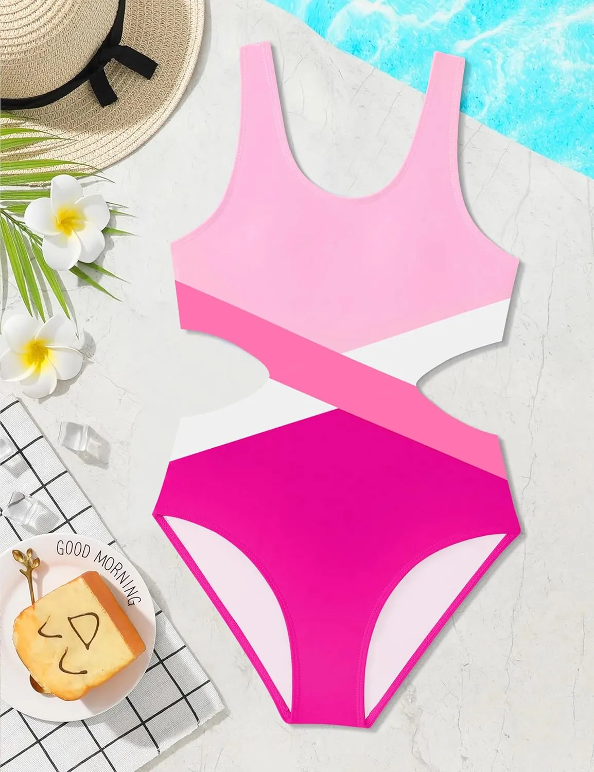 Girls Swimsuit One Piece Cutout Bathing Suit for Girls Cute Swimwear Color Block Beach Padded 7-16y