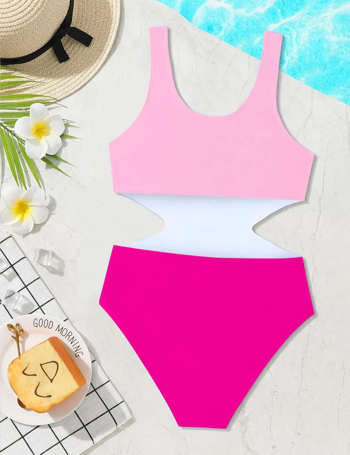 Girls Swimsuit One Piece Cutout Bathing Suit for Girls Cute Swimwear Color Block Beach Padded 7-16y
