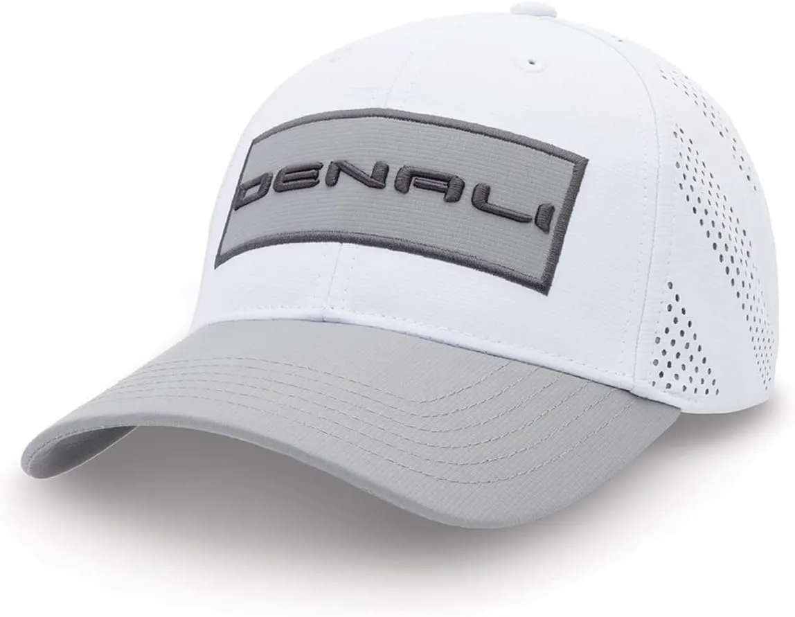 GMC Denali Hat - Perforated White Nylon Structured Cap with Gray Visor - 3D Embroidered Logo Hook and Loop Closure