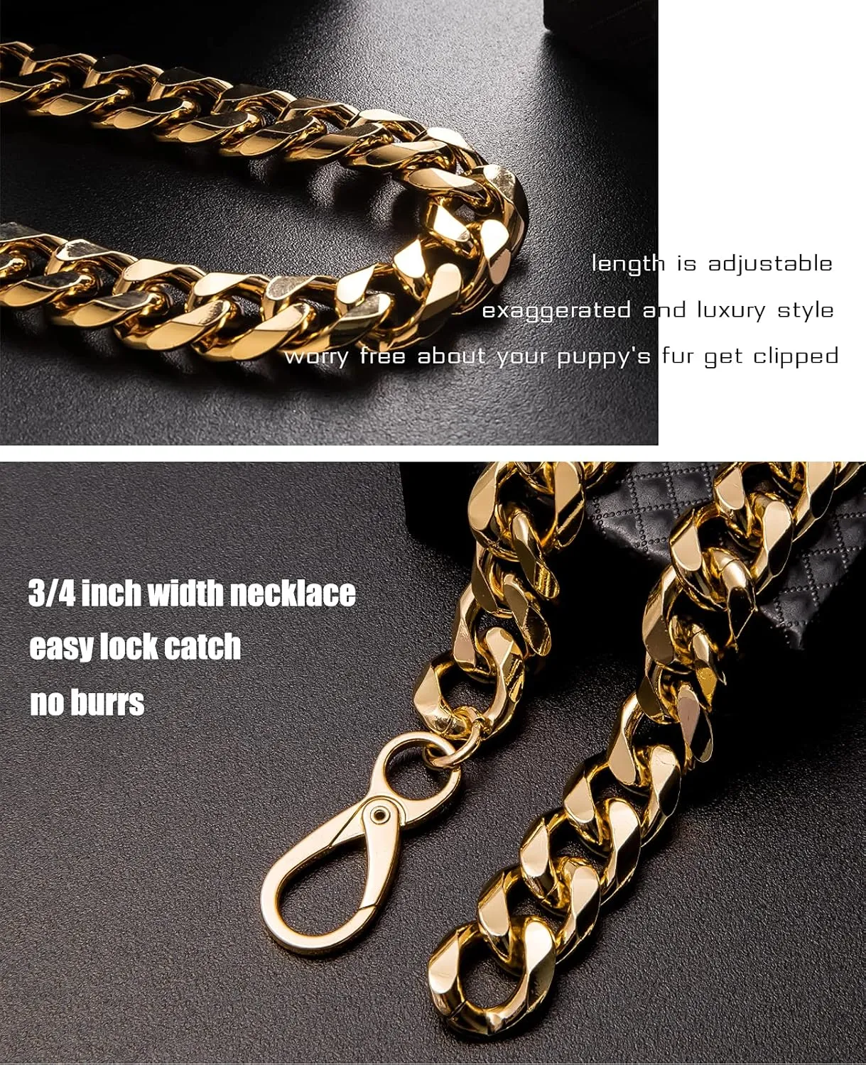 Gold Chain Dog Collar-3/4 width Cuban Link Dog Necklace, Cute Fashion Pet Collar for Pit Bulldog, Light Metal Jewelry Chain Puppy Accessories 20"
