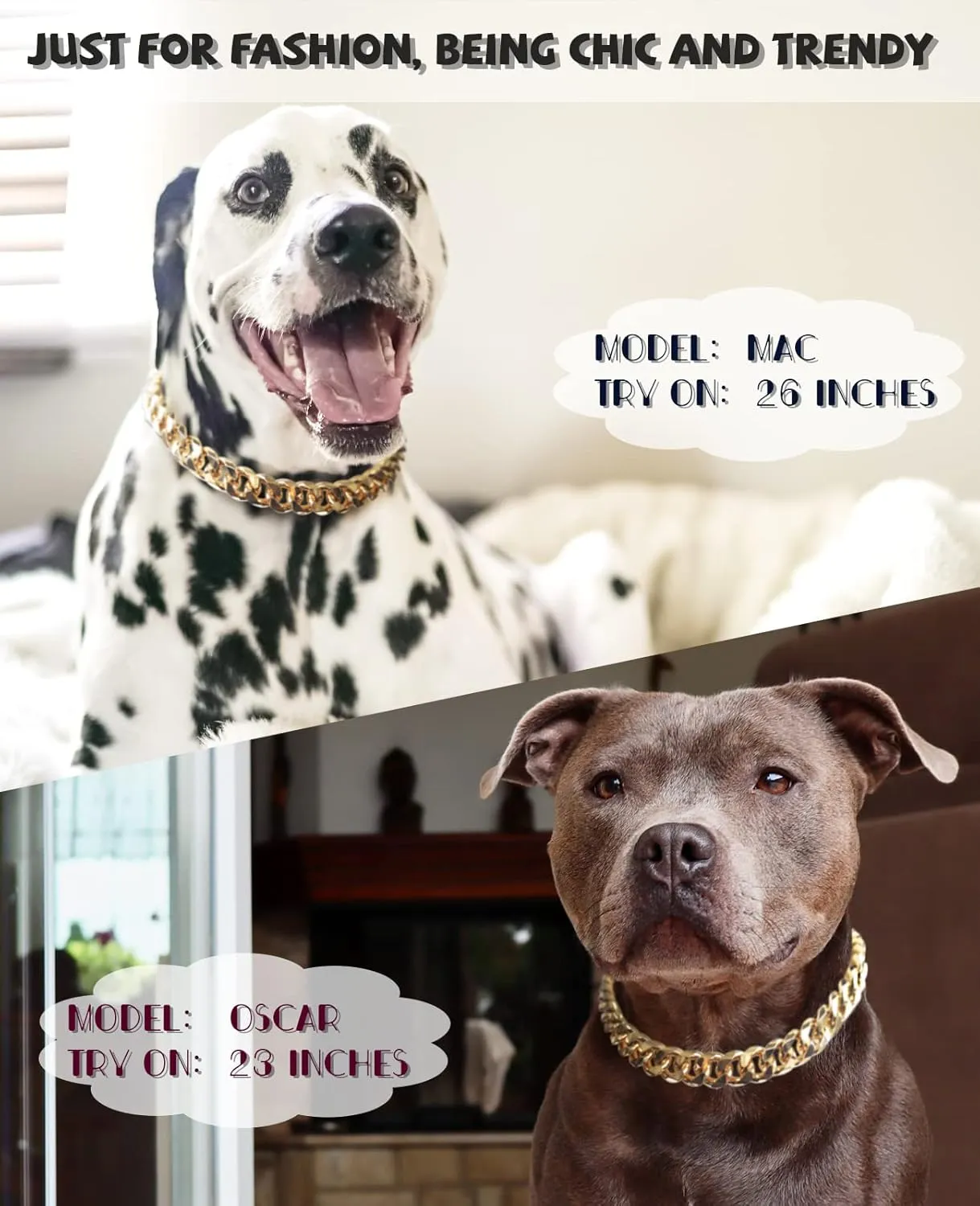 Gold Chain Dog Collar-3/4 width Cuban Link Dog Necklace, Cute Fashion Pet Collar for Pit Bulldog, Light Metal Jewelry Chain Puppy Accessories 20"