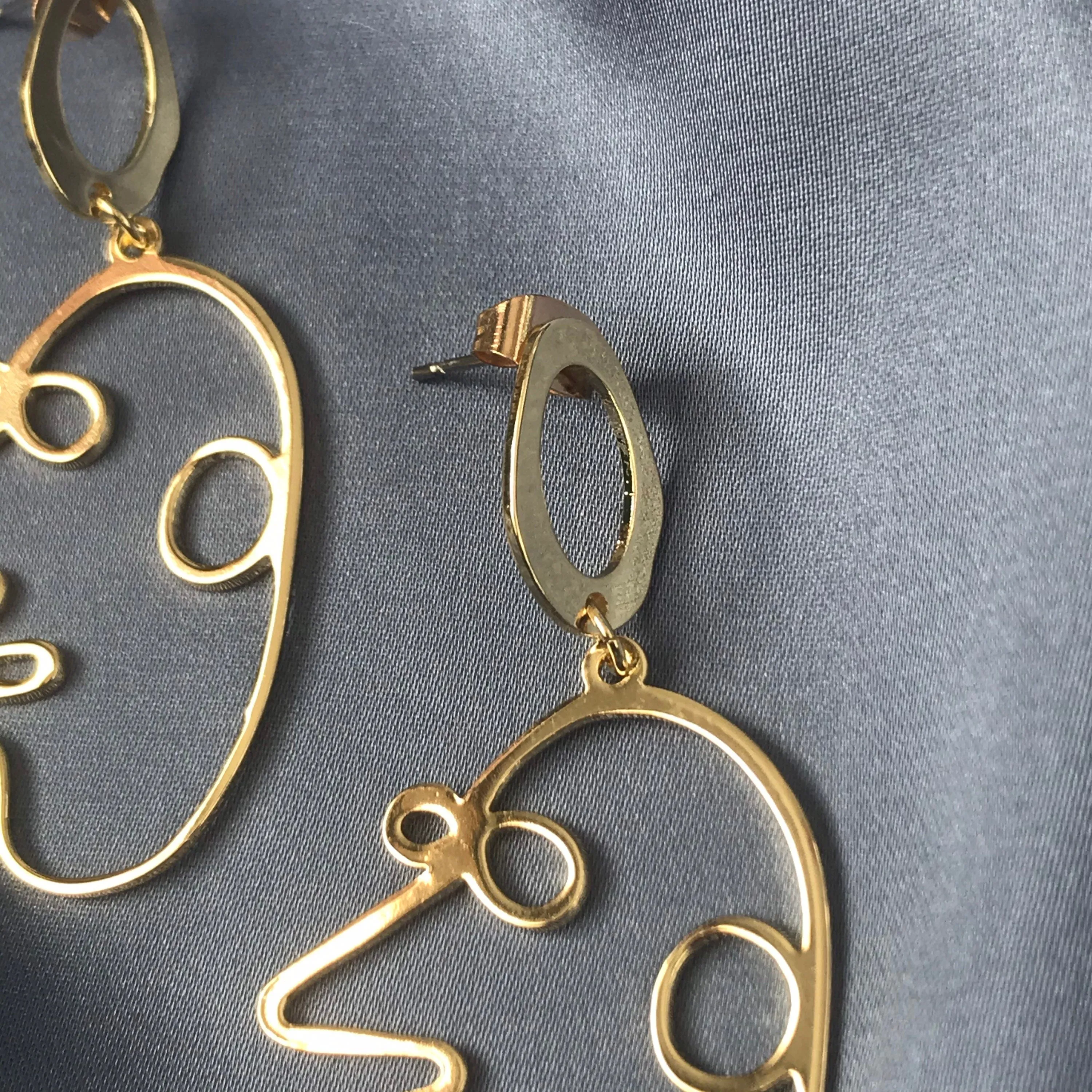 Gold Plated Hollow Out Face Charm Drop Earrings - Feminist Earrings, Abstract Face Earrings, High Polished, Hanging Jewellery, Accessories