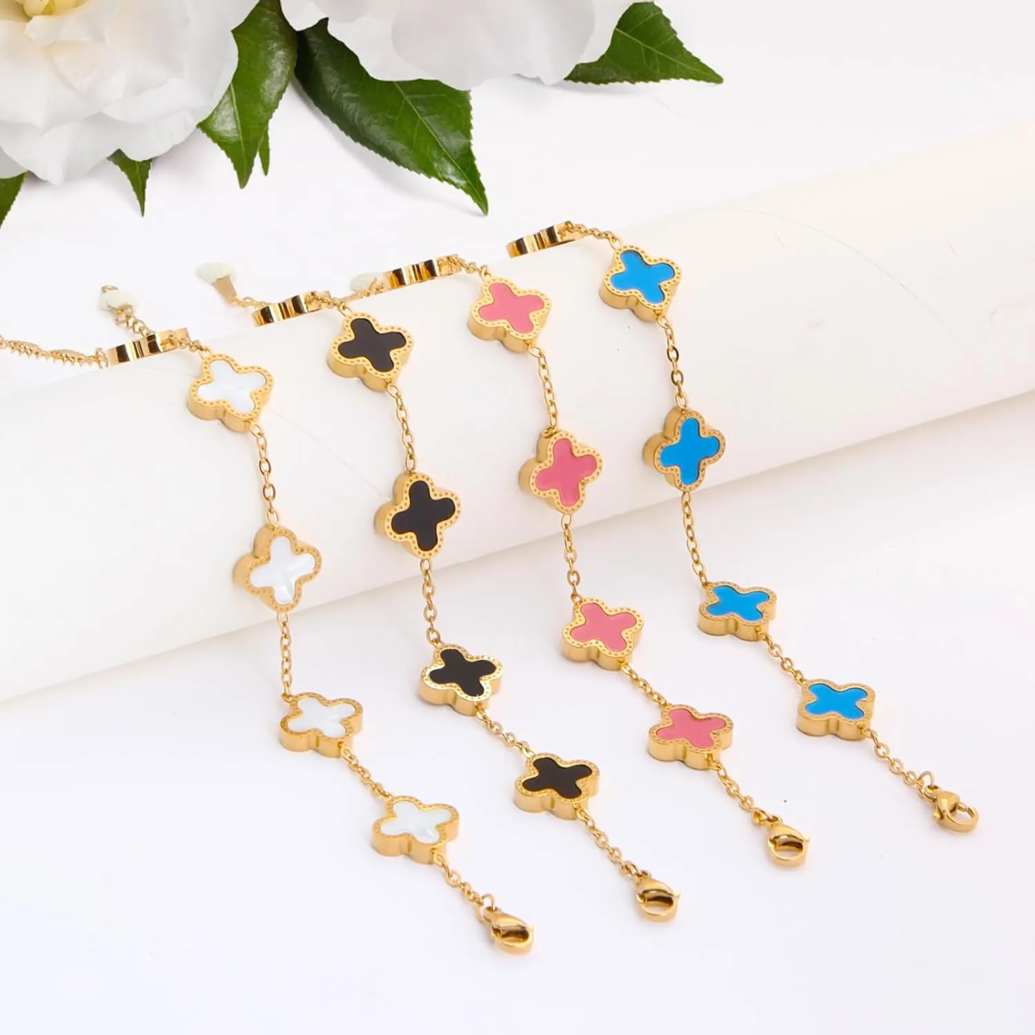 Gold Plated Jewelry Bracelet for Women Non Tarnish Bracelet Leaf Clover Charm Flower Bracelet for Women Trendy