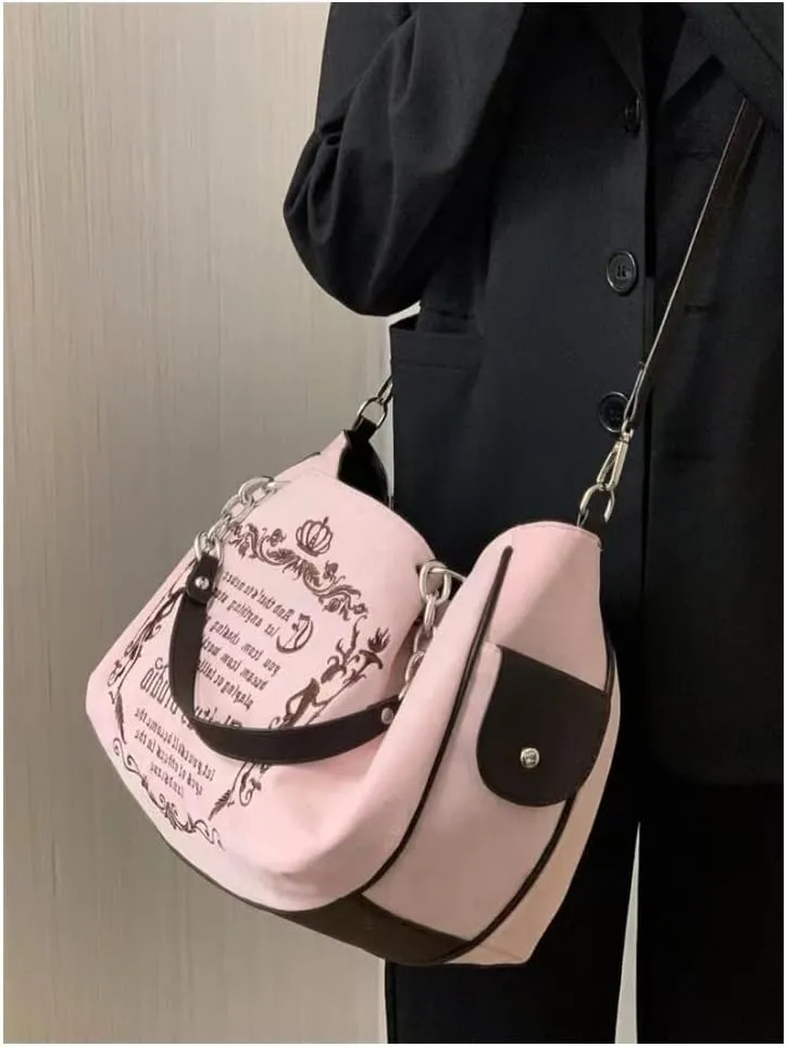 Gothic Chain Tote Bag for Women Travel Vintage Crossbody Bag Big Capacity Single Shoulder Bag Soft Pumpkin Bag (Pink)