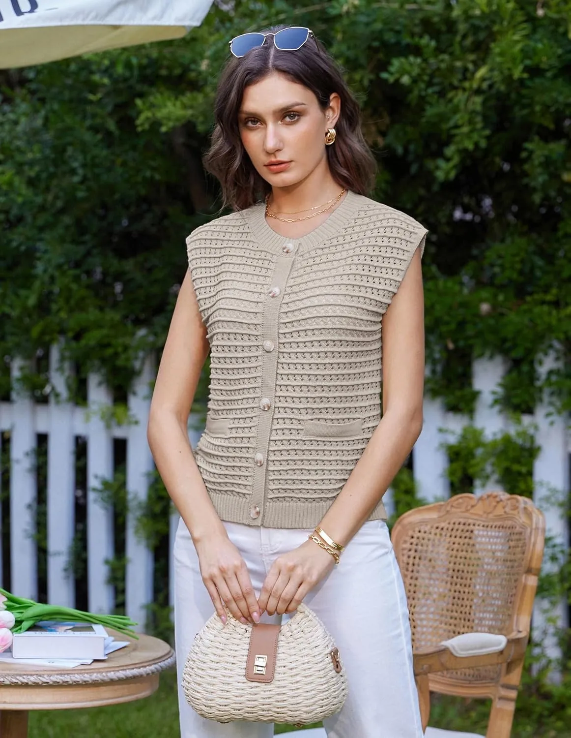 GRACE KARIN 2025 Casual Summer Crochet Open Front Cardigan for Women Button Down Sweater Vest Tops Beach Swim Cover Up