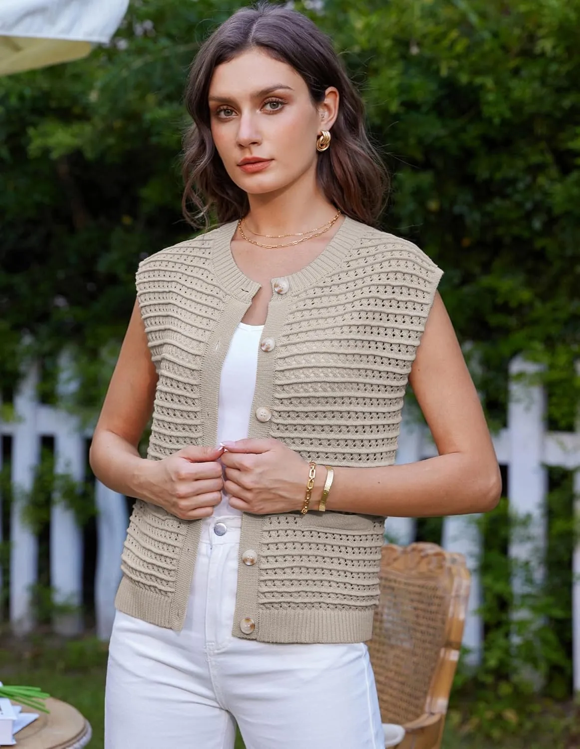 GRACE KARIN 2025 Casual Summer Crochet Open Front Cardigan for Women Button Down Sweater Vest Tops Beach Swim Cover Up