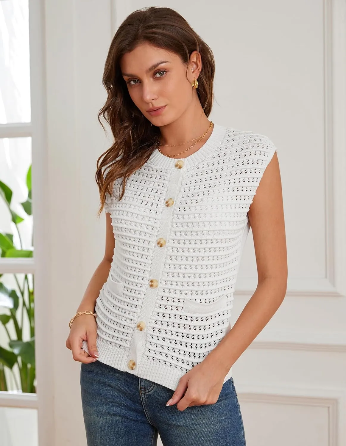 GRACE KARIN 2025 Casual Summer Crochet Open Front Cardigan for Women Button Down Sweater Vest Tops Beach Swim Cover Up