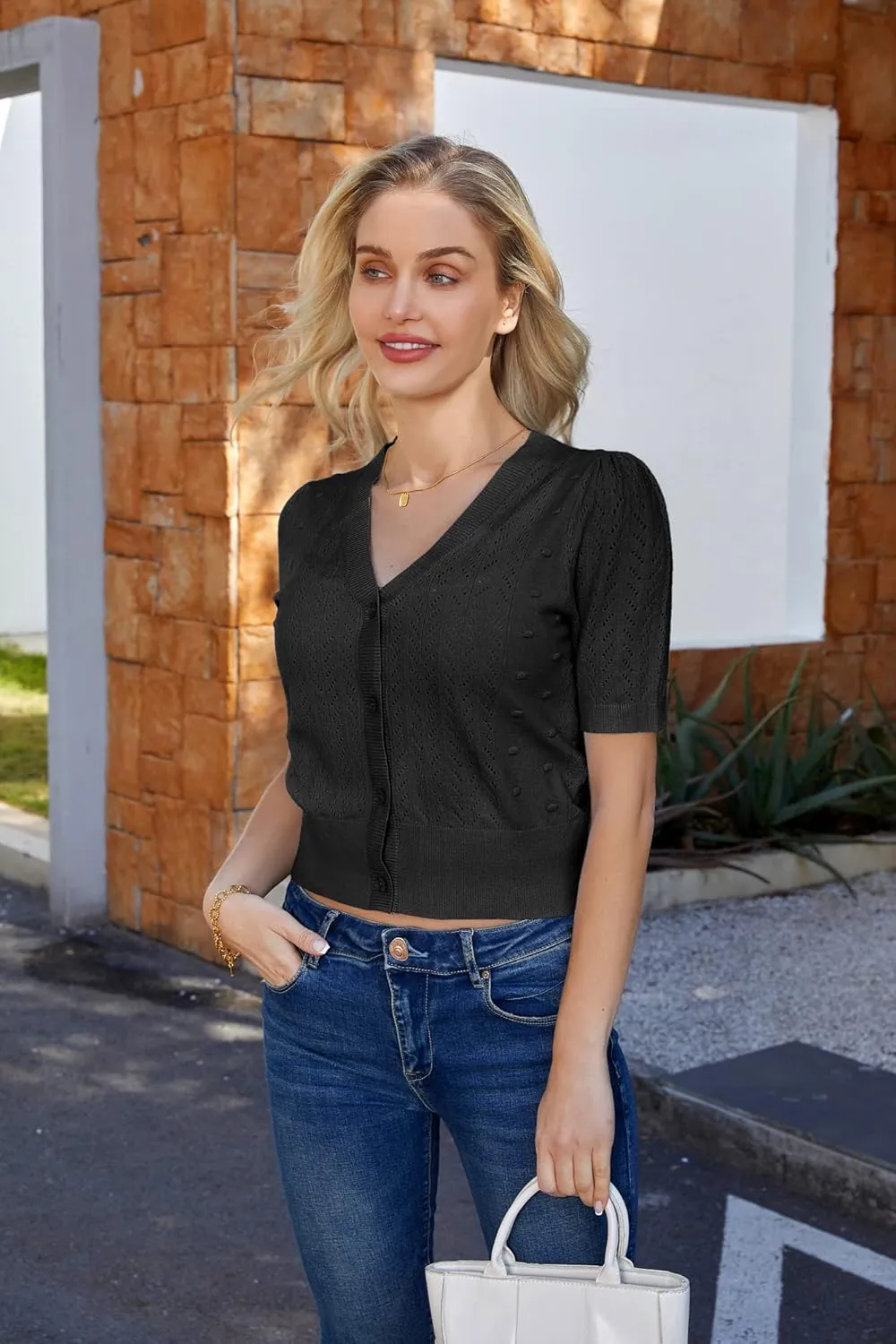 GRACE KARIN Cropped Cardigan Sweaters for Women Short Sleeve Crochet Knit Bolero Shrug V-Neck Button up Tops