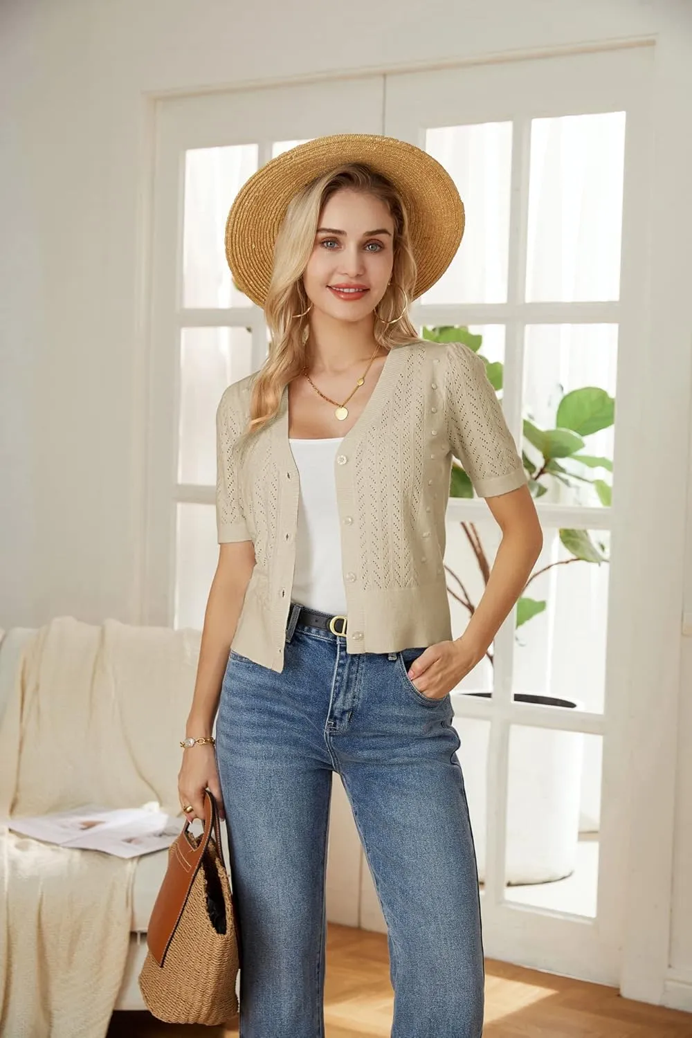 GRACE KARIN Cropped Cardigan Sweaters for Women Short Sleeve Crochet Knit Bolero Shrug V-Neck Button up Tops