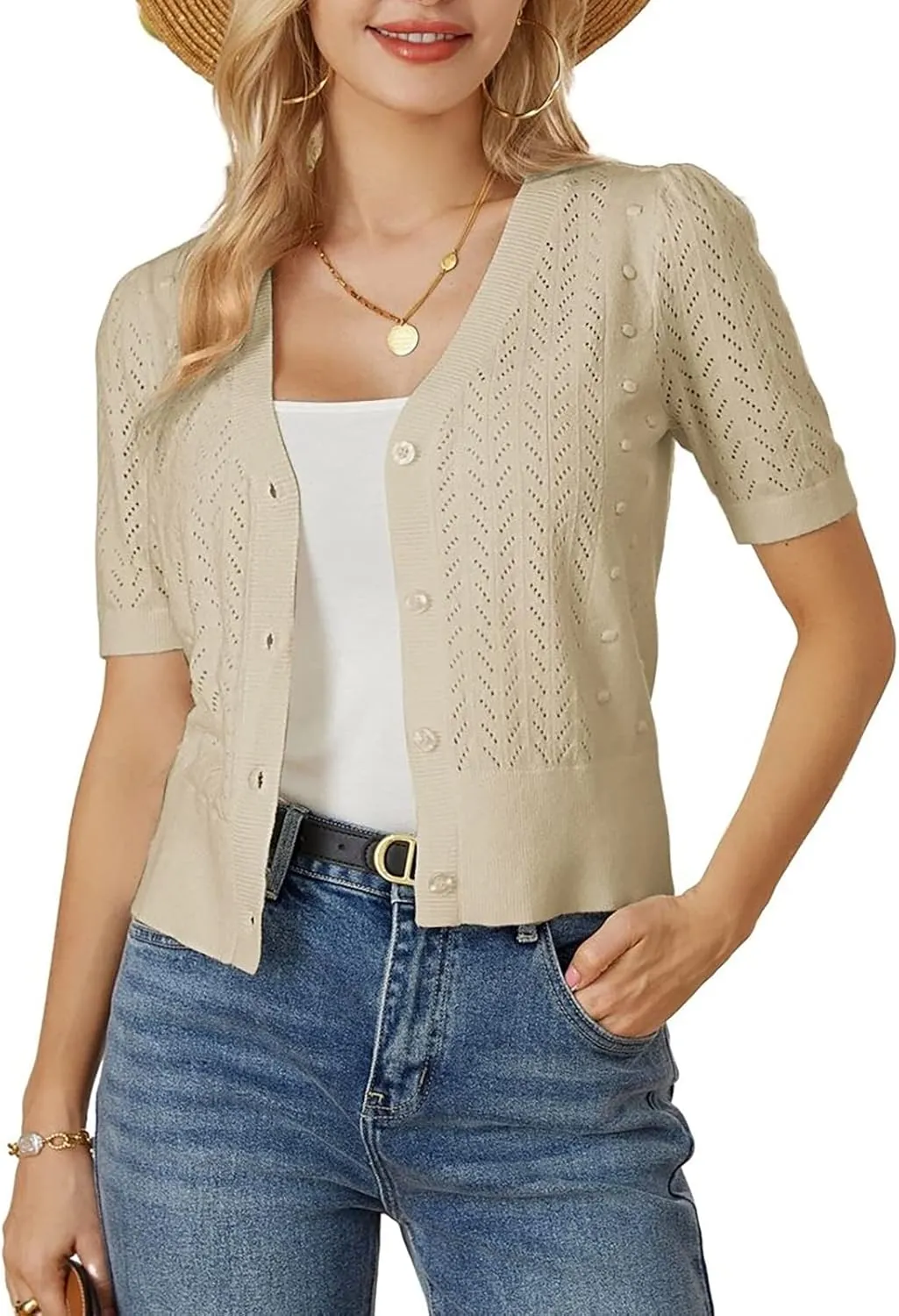 GRACE KARIN Cropped Cardigan Sweaters for Women Short Sleeve Crochet Knit Bolero Shrug V-Neck Button up Tops