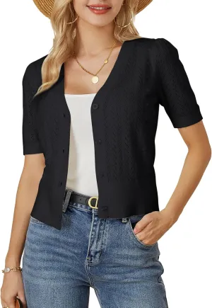 GRACE KARIN Cropped Cardigan Sweaters for Women Short Sleeve Crochet Knit Bolero Shrug V-Neck Button up Tops