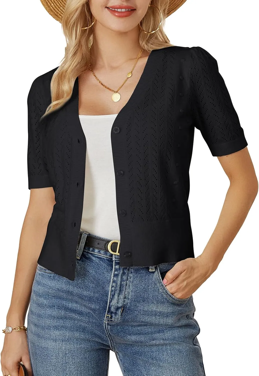 GRACE KARIN Cropped Cardigan Sweaters for Women Short Sleeve Crochet Knit Bolero Shrug V-Neck Button up Tops