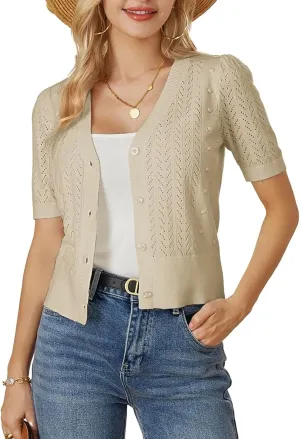 GRACE KARIN Cropped Cardigan Sweaters for Women Short Sleeve Crochet Knit Bolero Shrug V-Neck Button up Tops