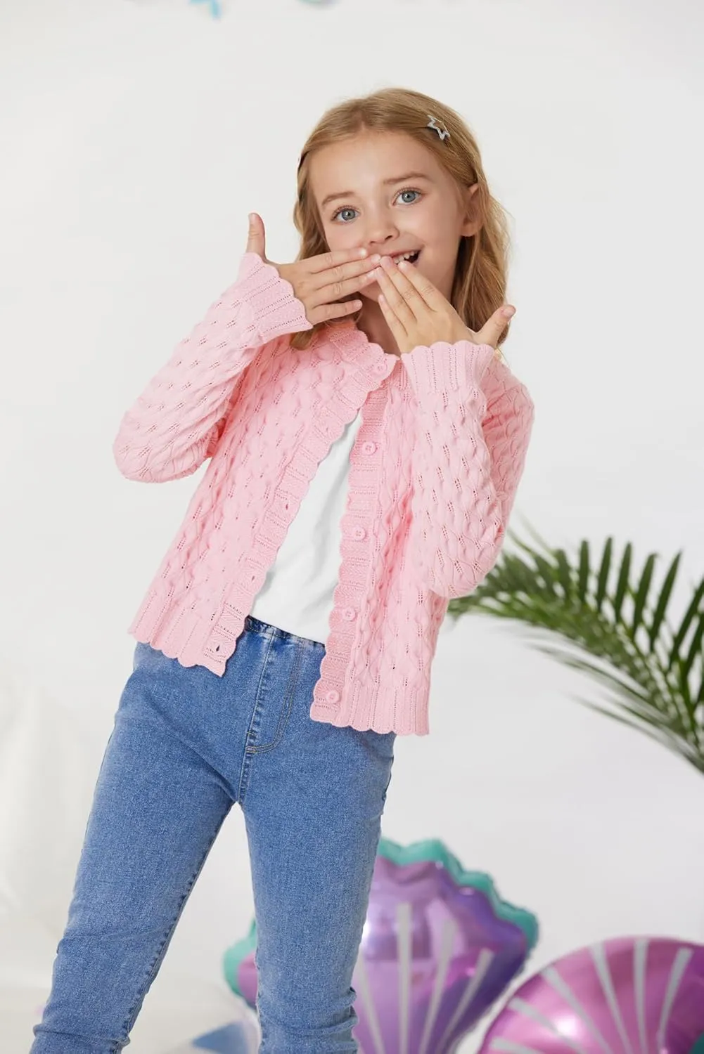 GRACE KARIN Girls Cropped Cardigan Sweaters Long Sleeve Cable Knit Button Front Sweater 5-12Y