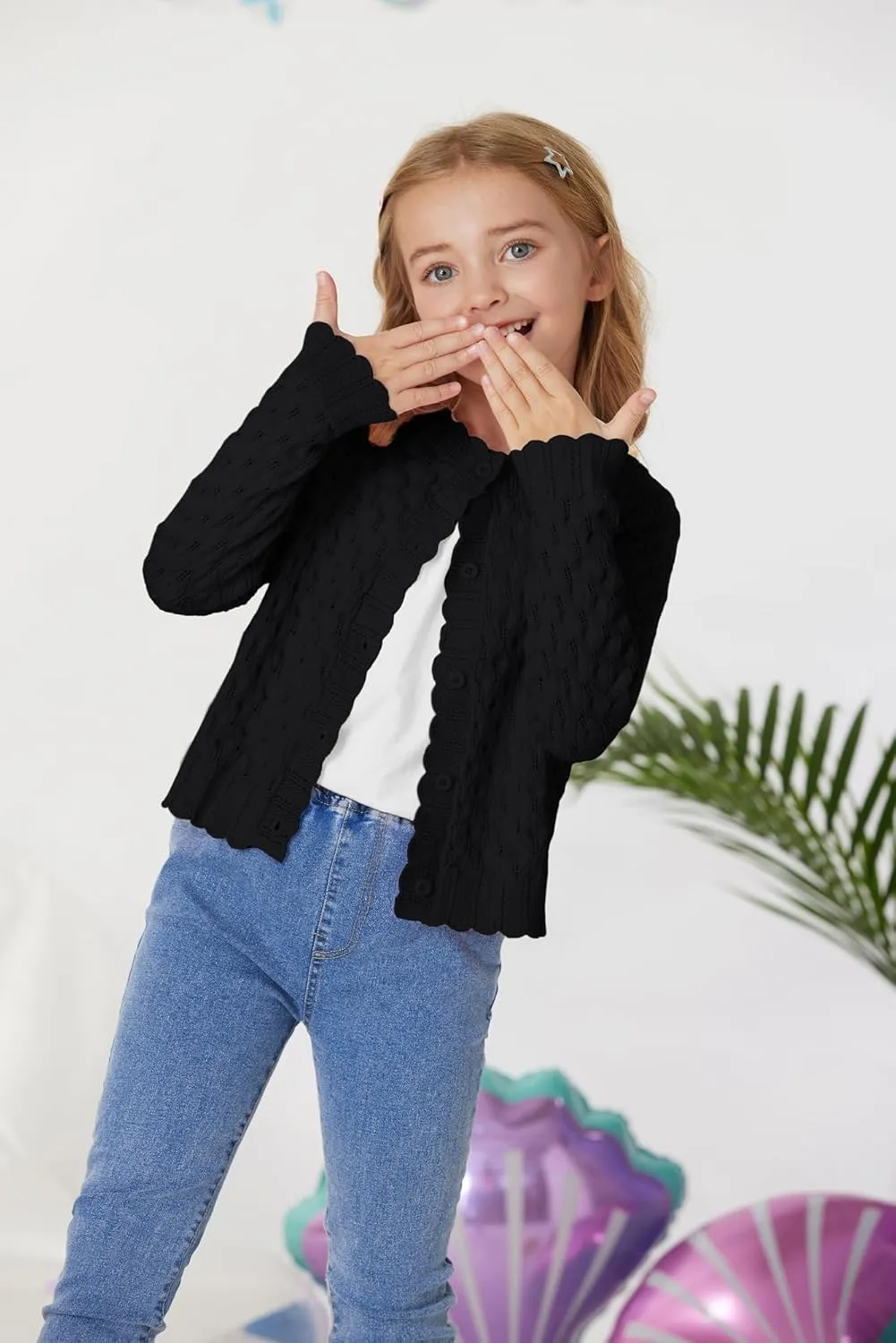 GRACE KARIN Girls Cropped Cardigan Sweaters Long Sleeve Cable Knit Button Front Sweater 5-12Y