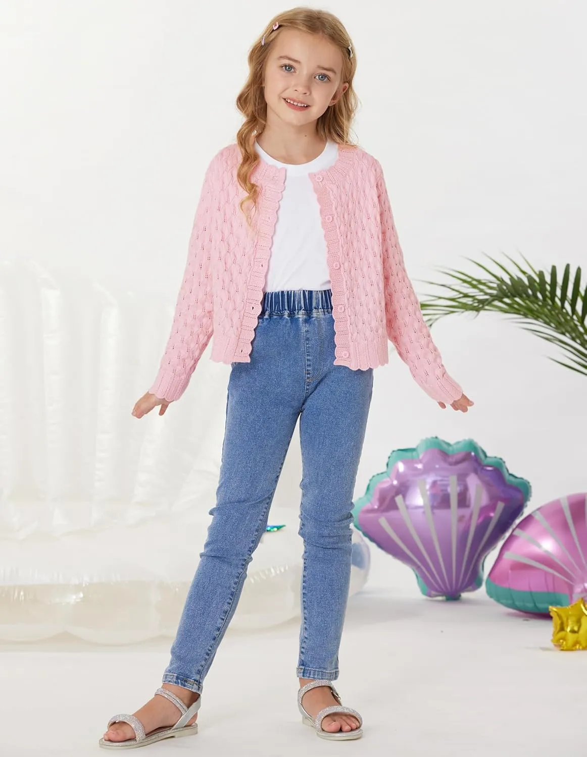 GRACE KARIN Girls Cropped Cardigan Sweaters Long Sleeve Cable Knit Button Front Sweater 5-12Y