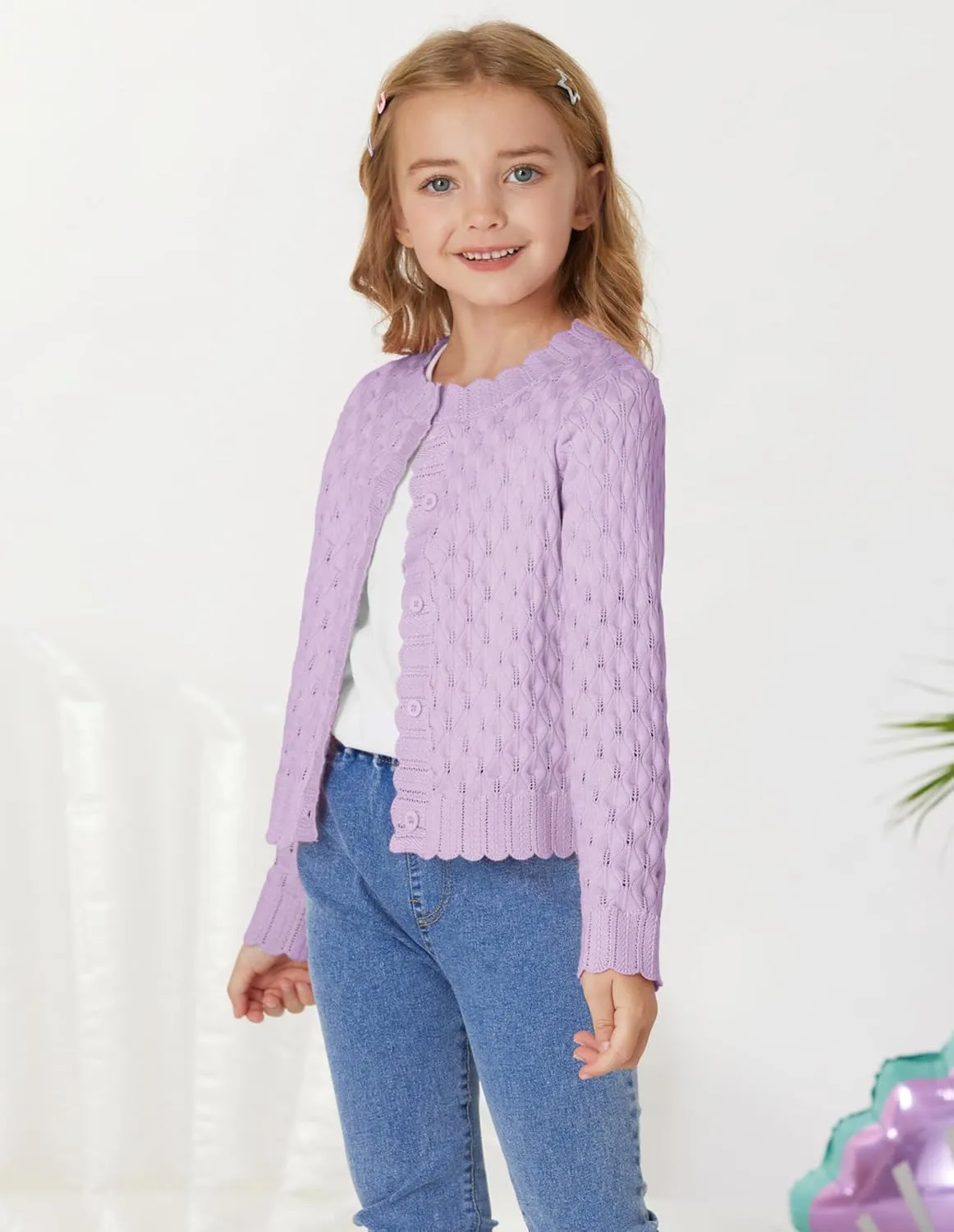 GRACE KARIN Girls Cropped Cardigan Sweaters Long Sleeve Cable Knit Button Front Sweater 5-12Y