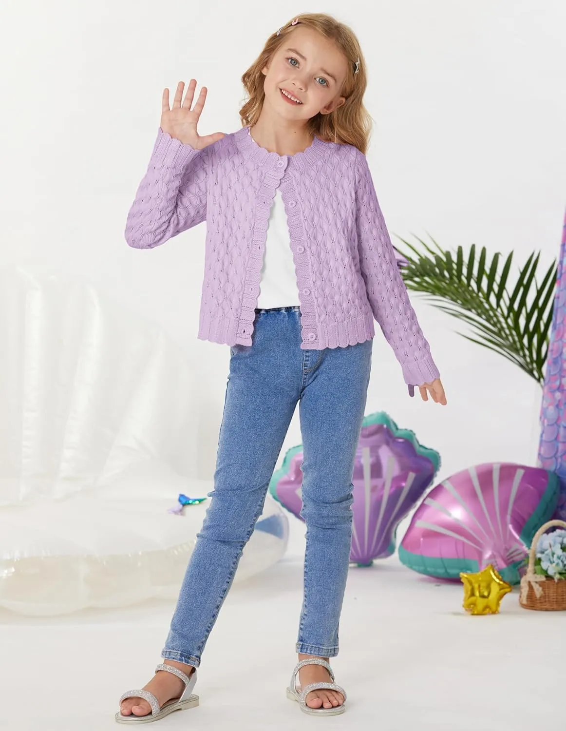 GRACE KARIN Girls Cropped Cardigan Sweaters Long Sleeve Cable Knit Button Front Sweater 5-12Y