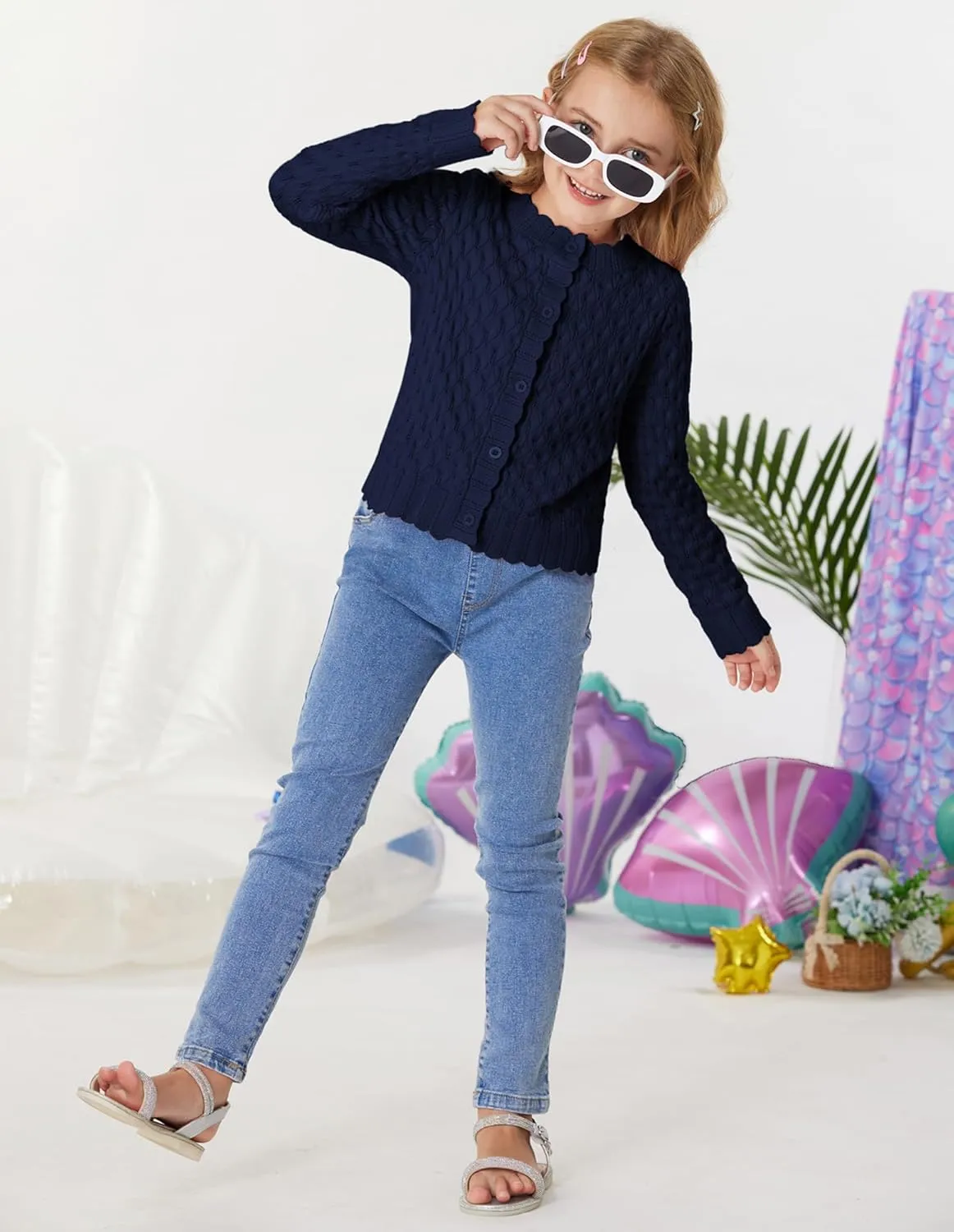 GRACE KARIN Girls Cropped Cardigan Sweaters Long Sleeve Cable Knit Button Front Sweater 5-12Y