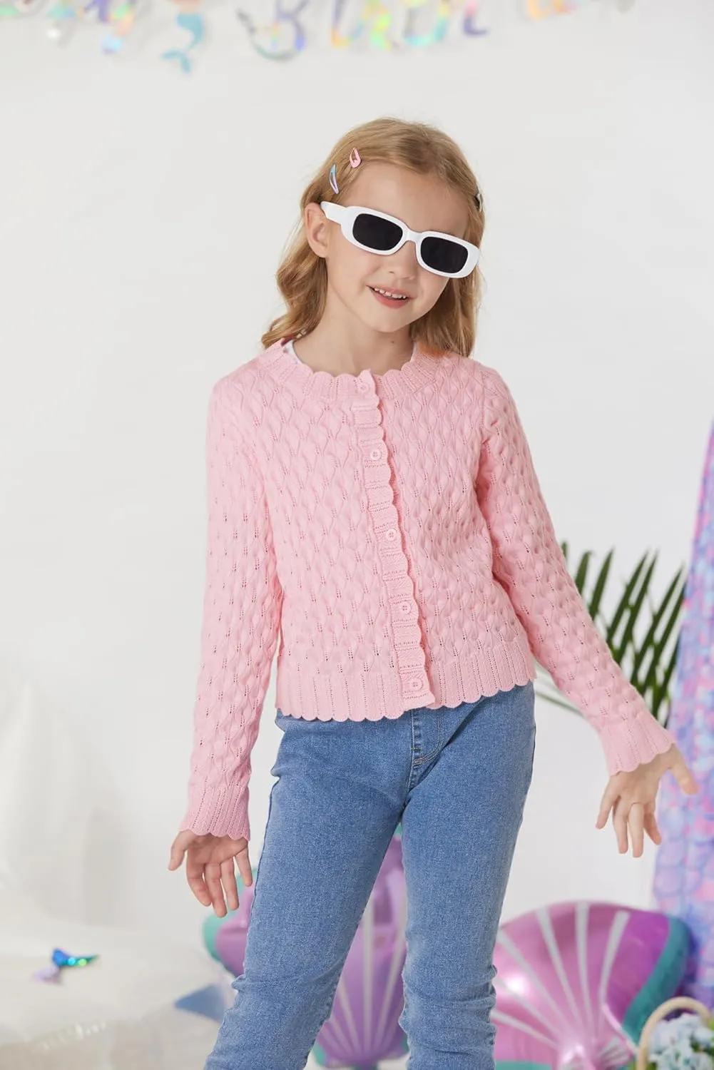 GRACE KARIN Girls Cropped Cardigan Sweaters Long Sleeve Cable Knit Button Front Sweater 5-12Y