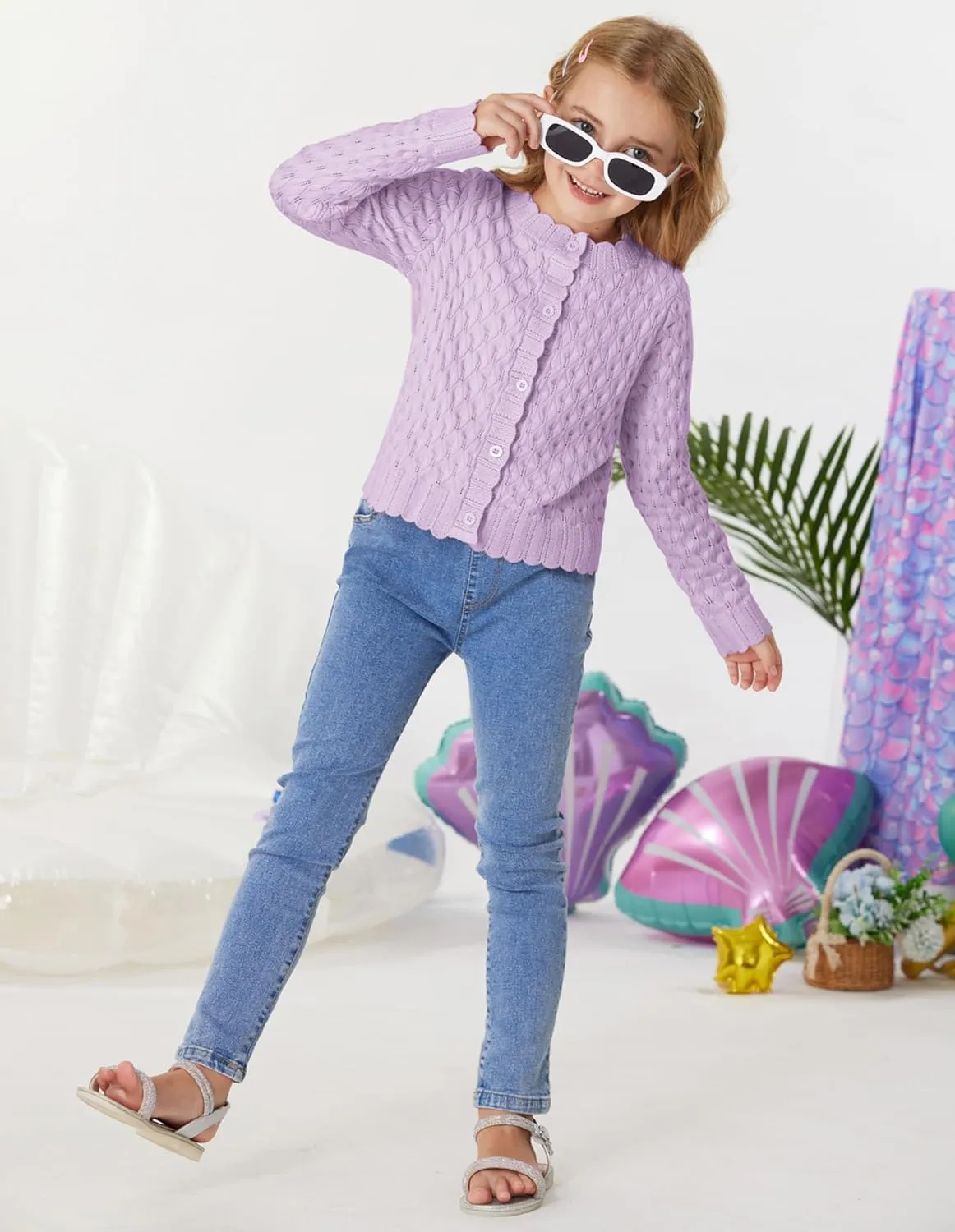 GRACE KARIN Girls Cropped Cardigan Sweaters Long Sleeve Cable Knit Button Front Sweater 5-12Y