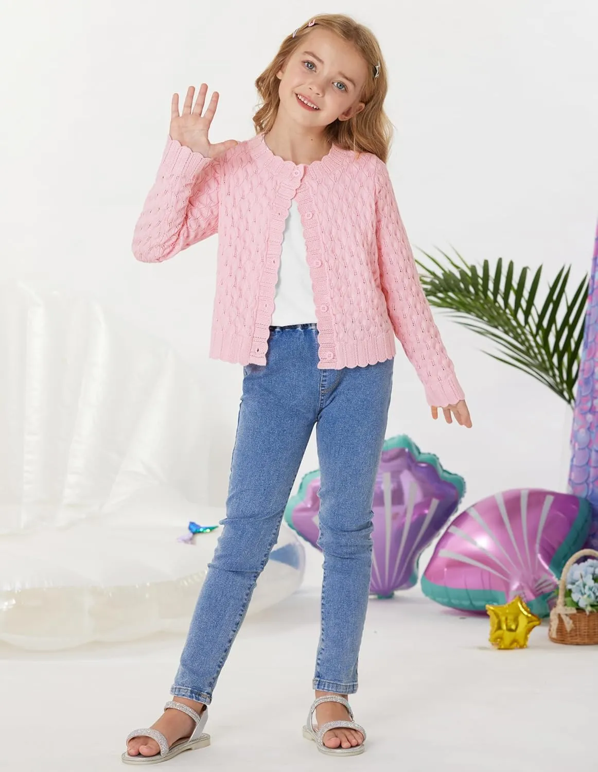 GRACE KARIN Girls Cropped Cardigan Sweaters Long Sleeve Cable Knit Button Front Sweater 5-12Y
