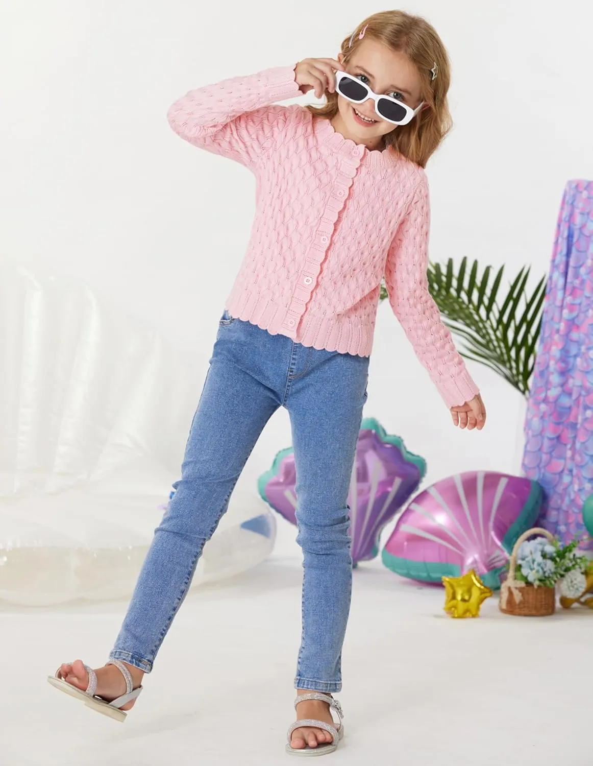 GRACE KARIN Girls Cropped Cardigan Sweaters Long Sleeve Cable Knit Button Front Sweater 5-12Y
