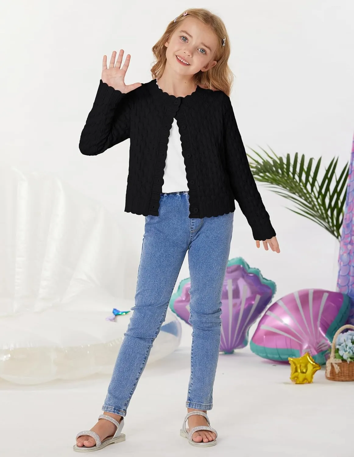 GRACE KARIN Girls Cropped Cardigan Sweaters Long Sleeve Cable Knit Button Front Sweater 5-12Y