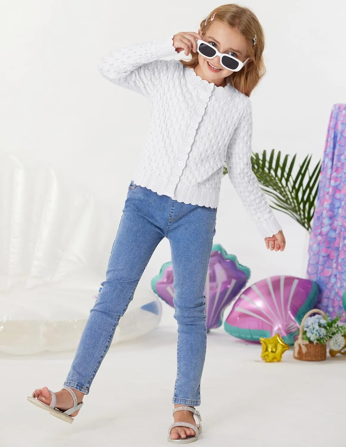 GRACE KARIN Girls Cropped Cardigan Sweaters Long Sleeve Cable Knit Button Front Sweater 5-12Y