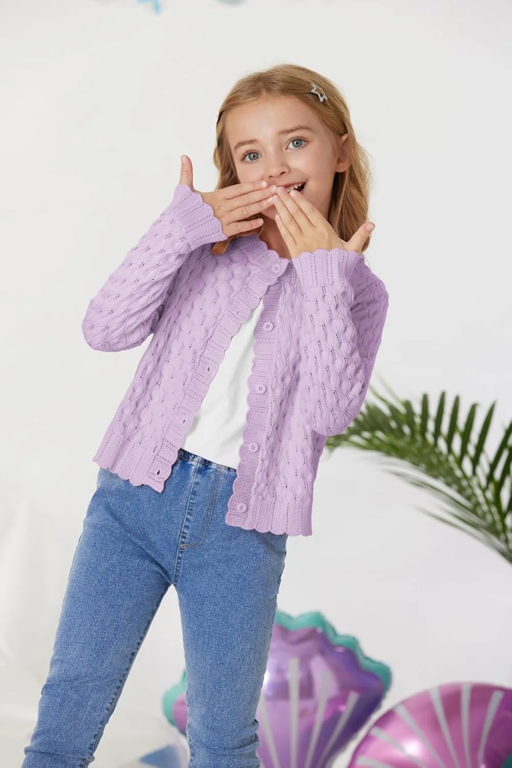 GRACE KARIN Girls Cropped Cardigan Sweaters Long Sleeve Cable Knit Button Front Sweater 5-12Y