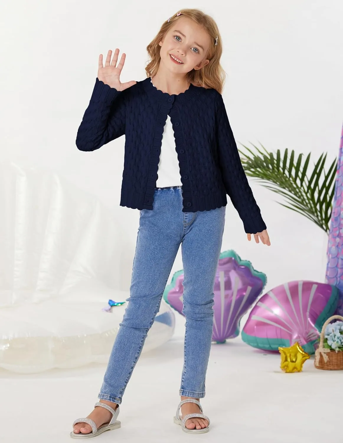 GRACE KARIN Girls Cropped Cardigan Sweaters Long Sleeve Cable Knit Button Front Sweater 5-12Y