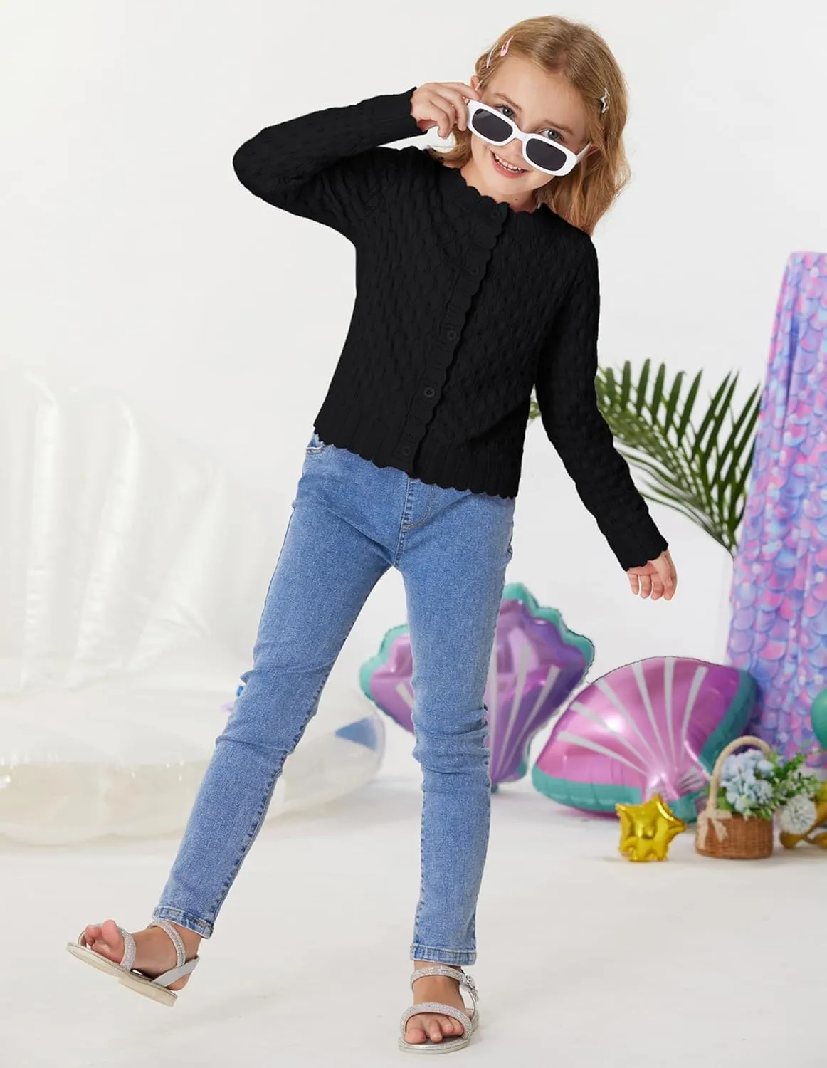 GRACE KARIN Girls Cropped Cardigan Sweaters Long Sleeve Cable Knit Button Front Sweater 5-12Y