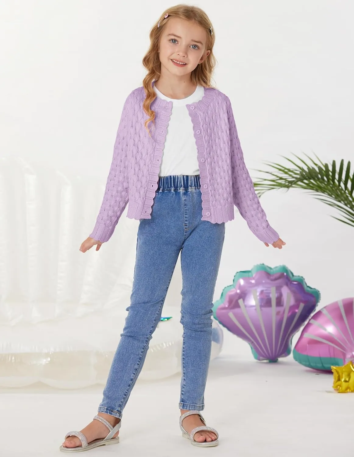 GRACE KARIN Girls Cropped Cardigan Sweaters Long Sleeve Cable Knit Button Front Sweater 5-12Y